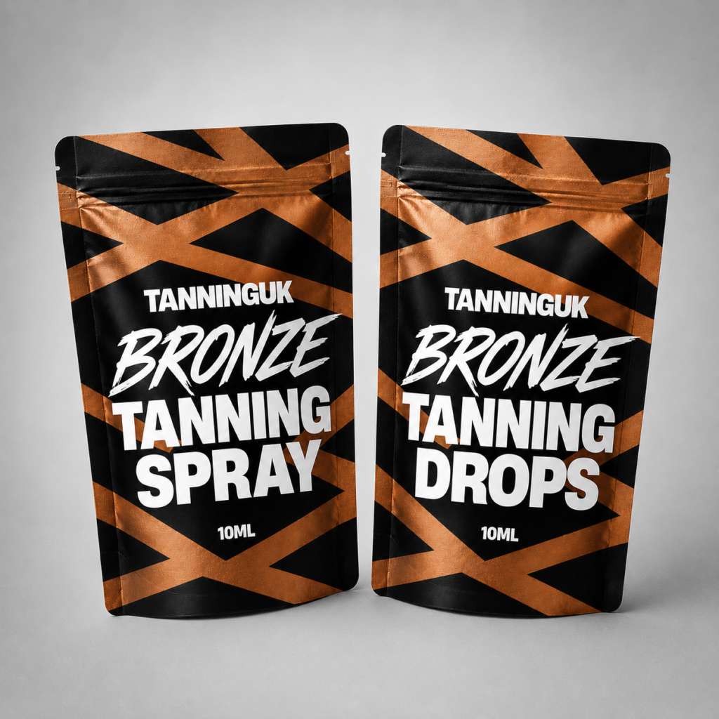TanningUK Bronze tanning spray and tanning drops in black pouches.
