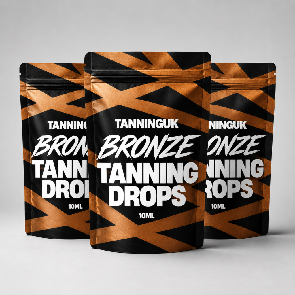 Three black and bronze Tanninguk bronze tanning drops pouches.