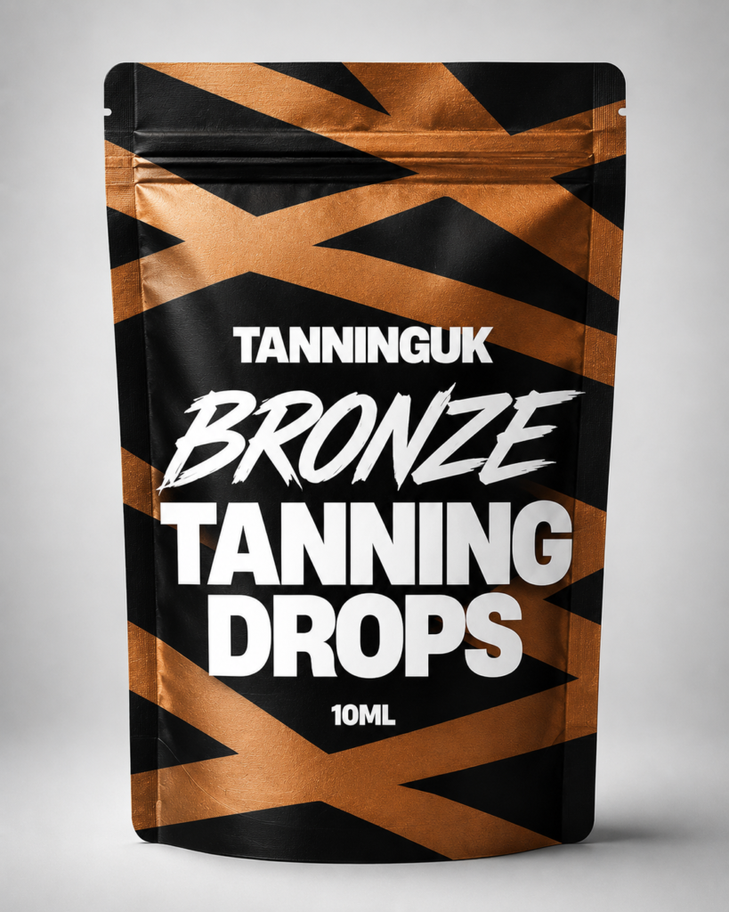 TANNINGUK Bronze Tanning Drops 10ml pouch with bold design.