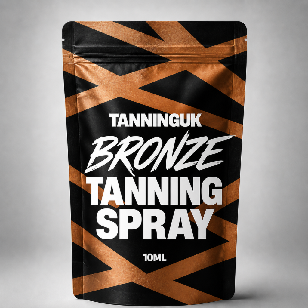 TANNINGUK Bronze Tanning Spray 10ml pouch with bronze stripes.