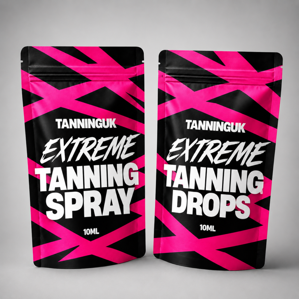 Two pouches of TANNINGUK extreme tanning spray and drops.