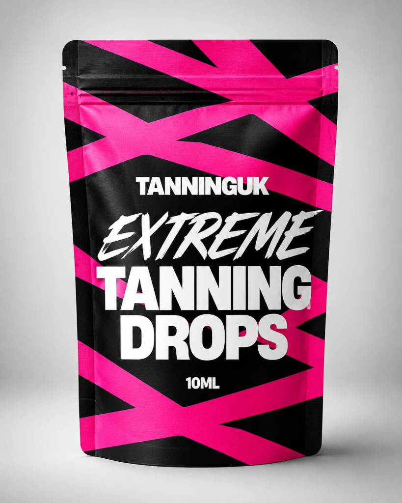 Tanninguk Extreme Tanning Drops 10ml pink and black pouch.
