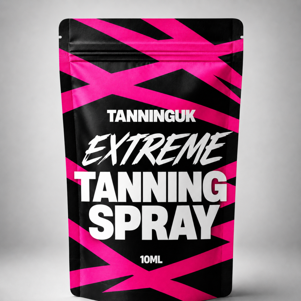 Black and pink pouch of TANNINGUK Extreme Tanning Spray.