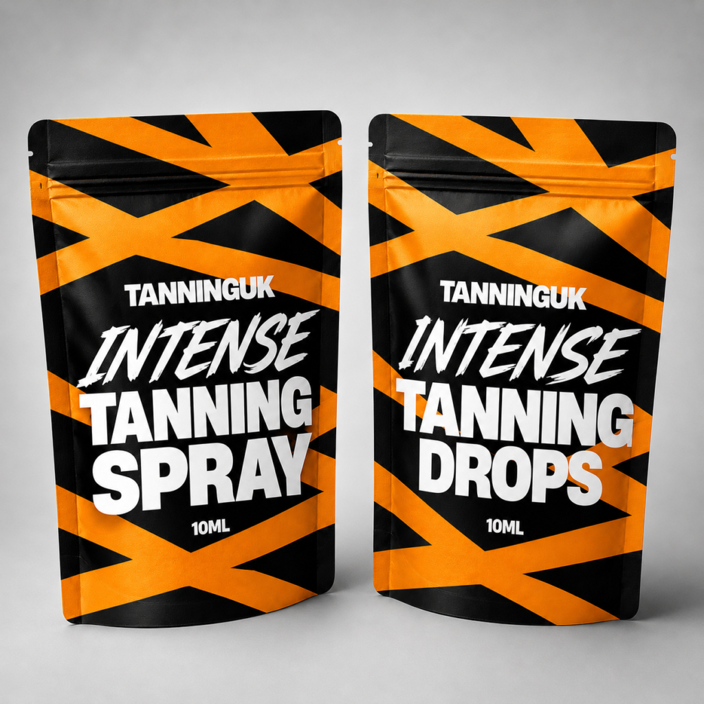 Black and orange pouches of TanningUK intense tanning products.