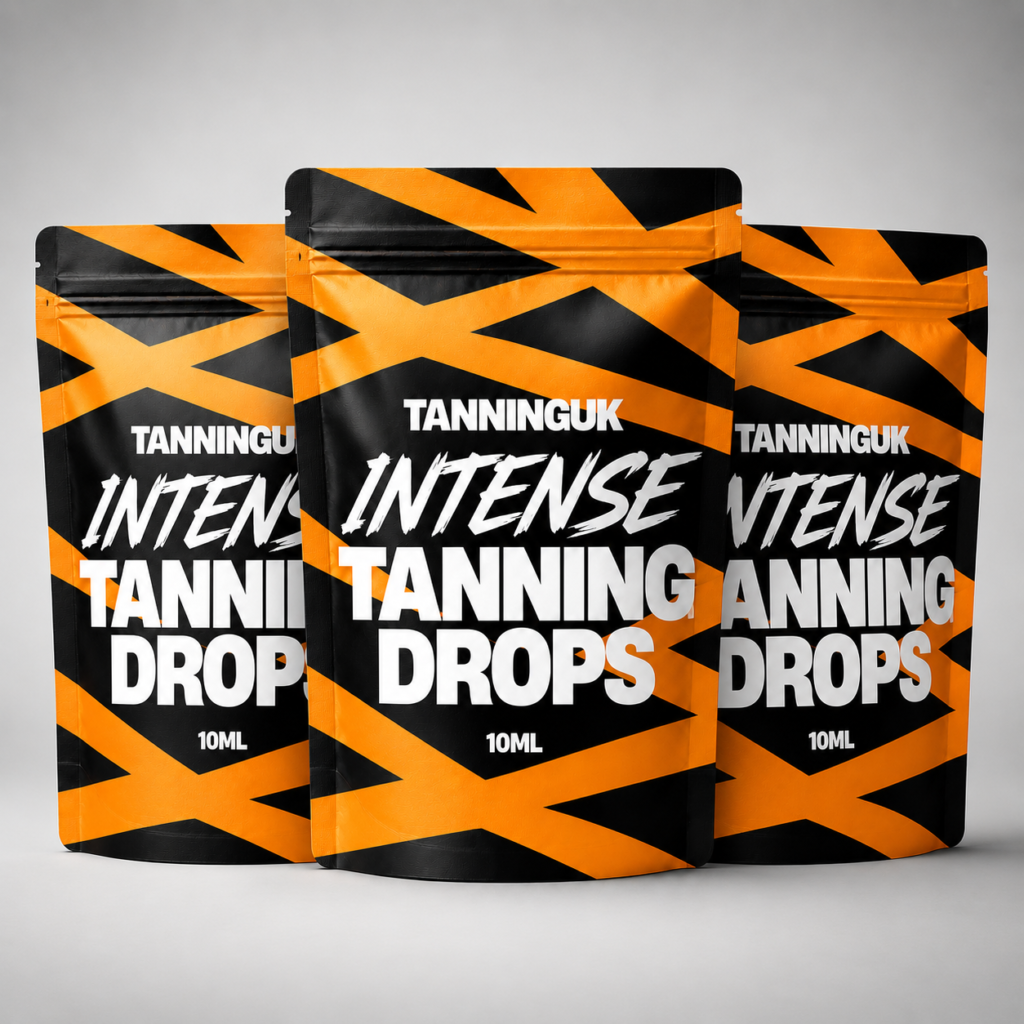 Three black and orange pouches of Intense Tanning Drops.