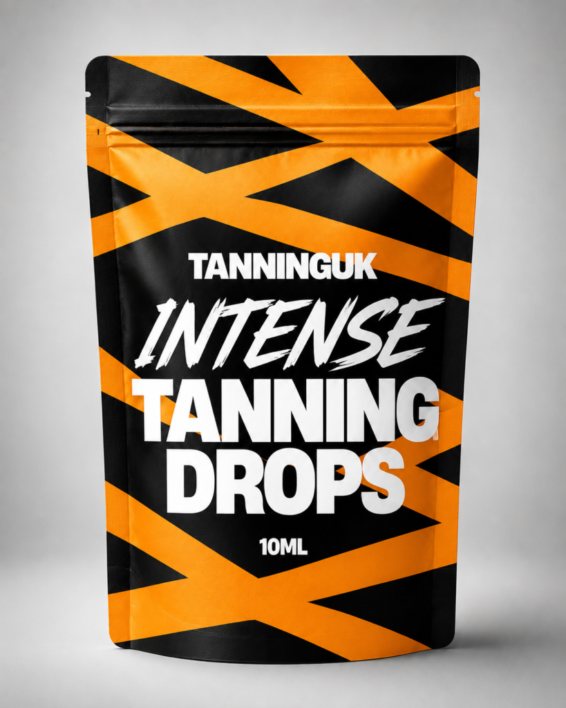 Black pouch of TanningUK Intense Tanning Drops with orange stripes.