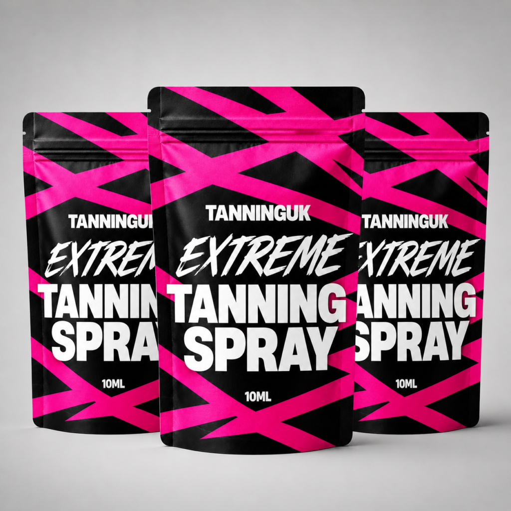 Three TANNINGUK Extreme Tanning Spray pouches in black and pink.