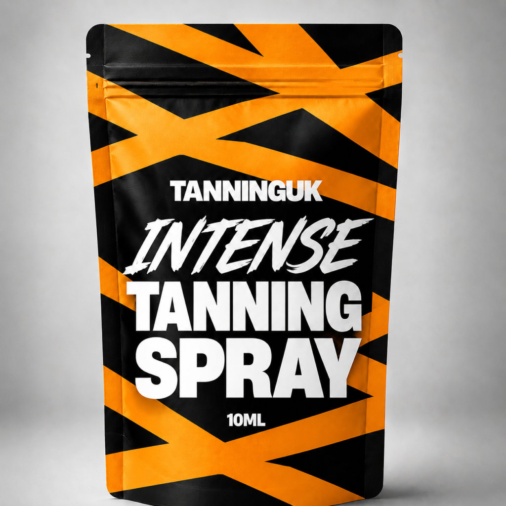 Black and orange pouch for TANNINGUK Intense Tanning Spray.