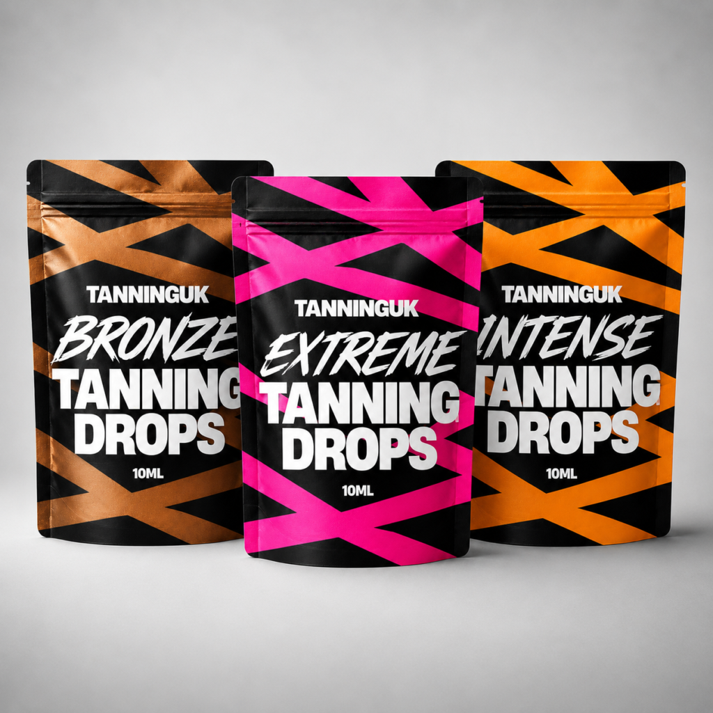 Three TANNINGUK tanning drop pouches in bronze, pink and orange.