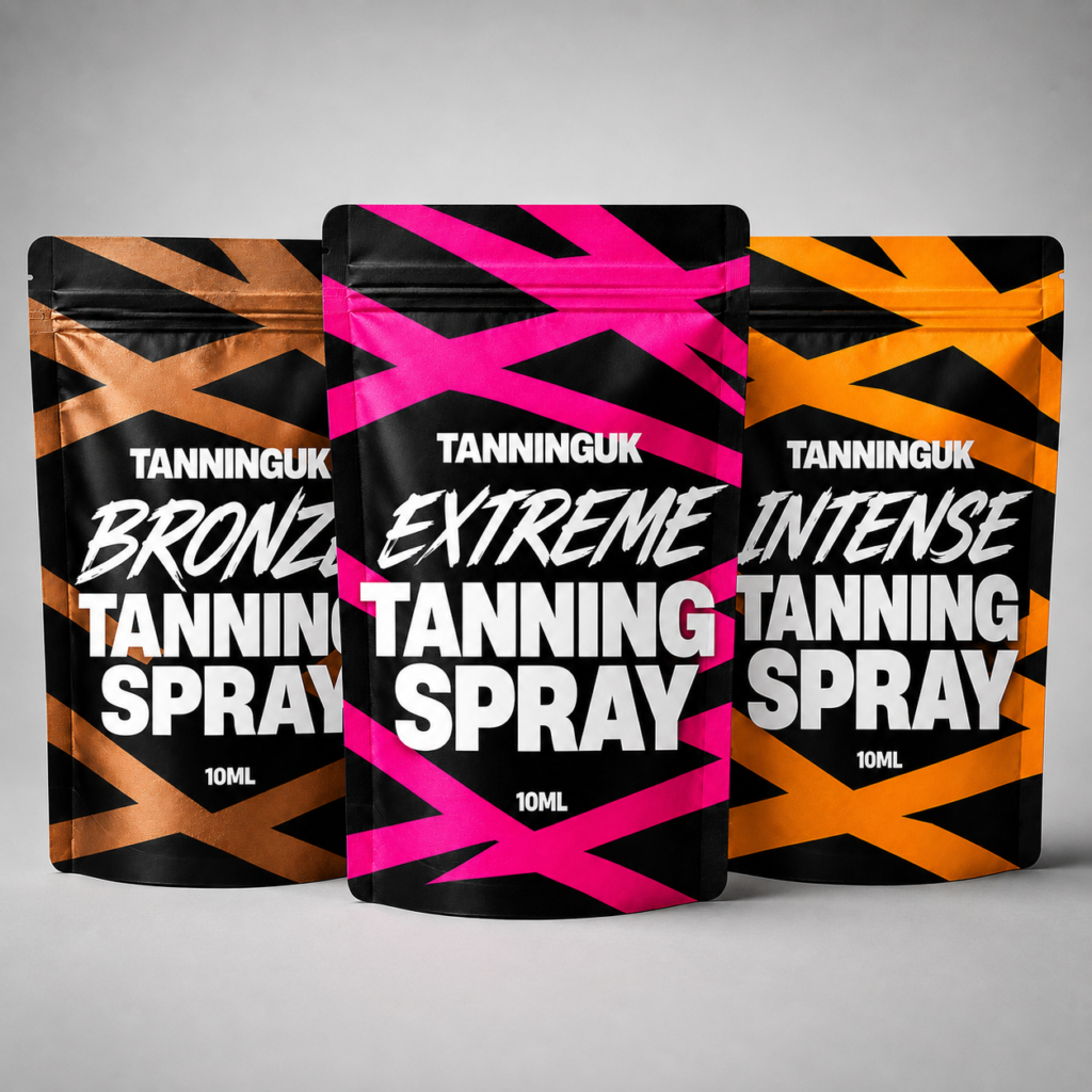 Three pouches of TanningUK tanning spray in different colours.